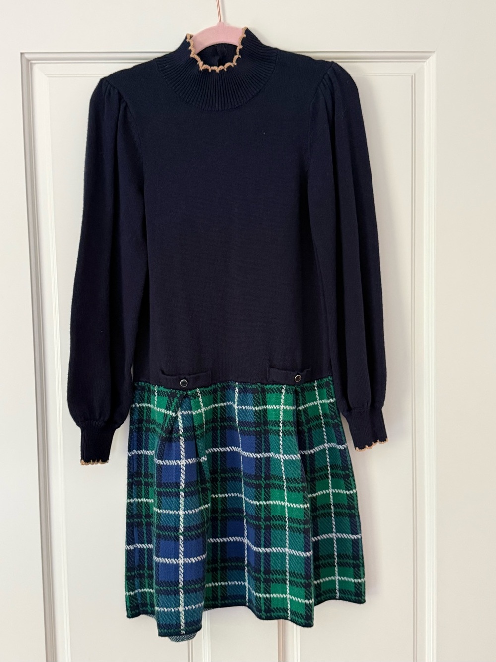 Janie and Jack Navy Knit Bodice with Green & Blue Plaid Skirt Dress